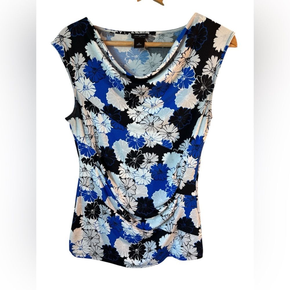 Ann Taylor Factory Black Blue Floral Tank Cowl Neck Layering Gardencore Medium